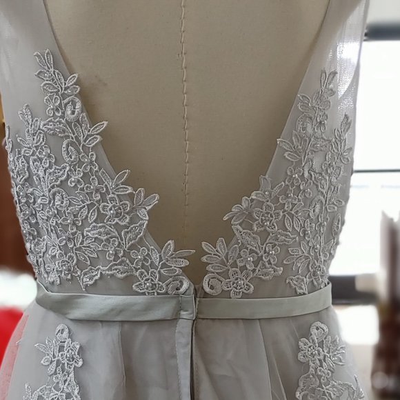 PROM/WEDDING LIGHT GRAY TULLE WITH FLORAL APPLIQUES BY BABYONLINE D.R.E.S.S. - Picture 6 of 13